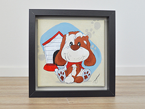 Schilderij babykamer, schilderij kinderkamer, babykamer schilderij, schilderijtjes babykamer, kinderkamer schilderij, kraamkado schilderij, babykamer decoratie, hond