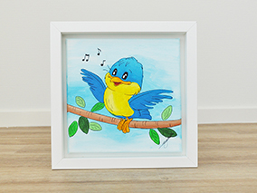 Schilderij babykamer, schilderij kinderkamer, babykamer schilderij, schilderijtjes babykamer, kinderkamer schilderij, kraamkado schilderij, babykamer decoratie vogel